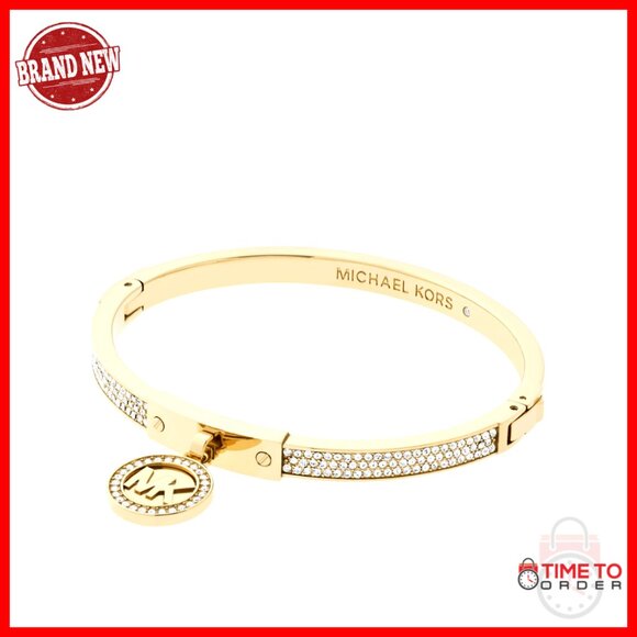 Gold Tone Bangle Bracelet Elegant Minimal Chic Hinge Closure Pavé Accents